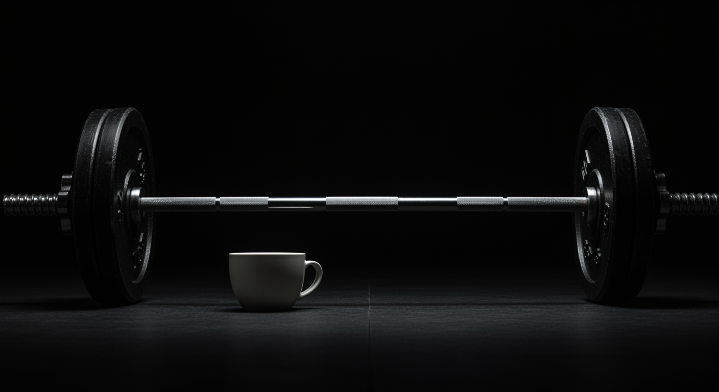 Barbell and coffee cup symbolizing strength performance