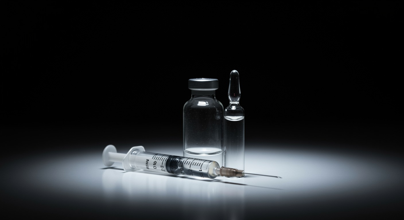 Vintage medical vial and syringe on white surface with soft lighting