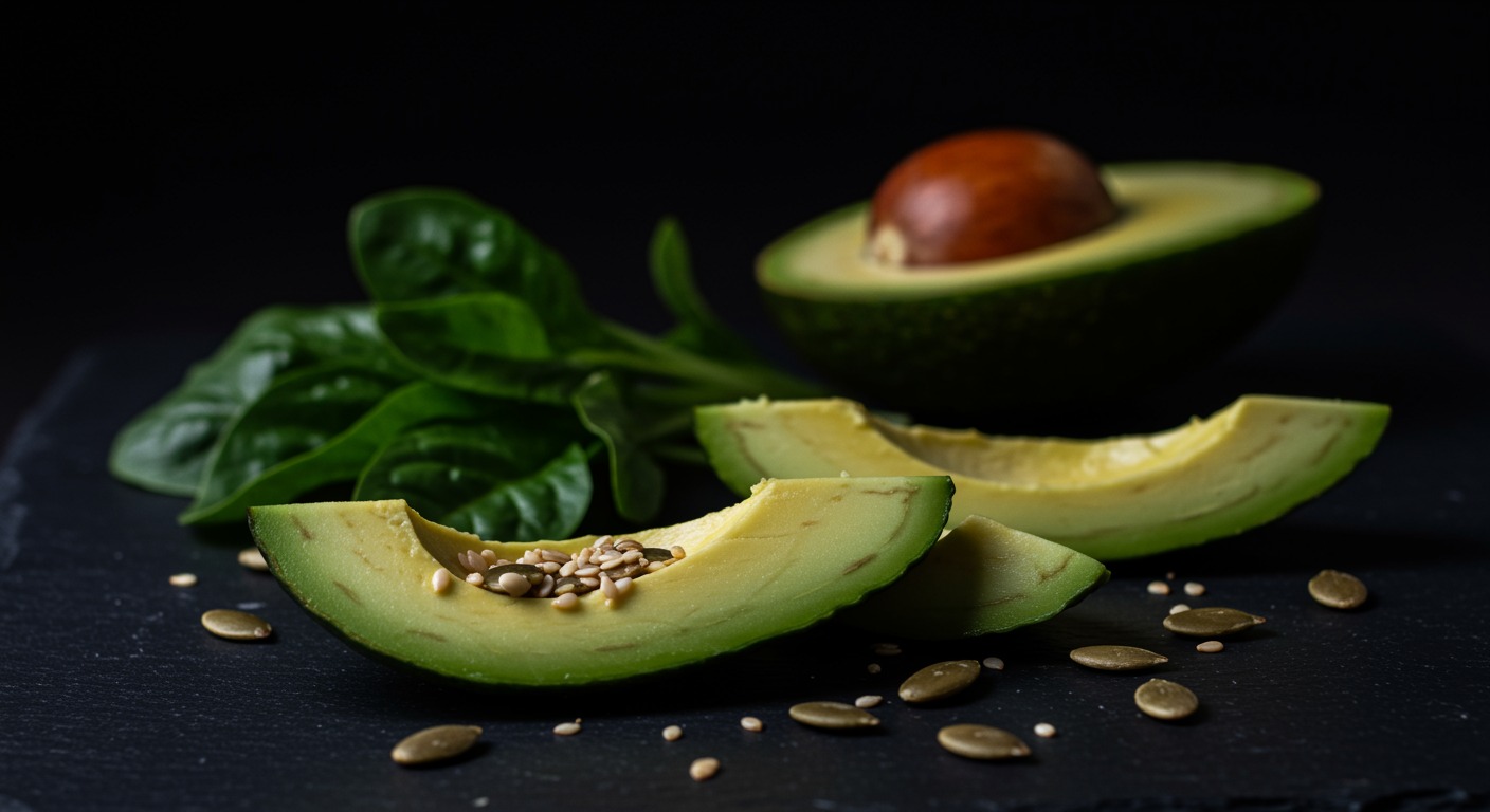 Close-up of sliced avocado, seeds, and leafy greens on a dark slate surface with dramatic side lighting