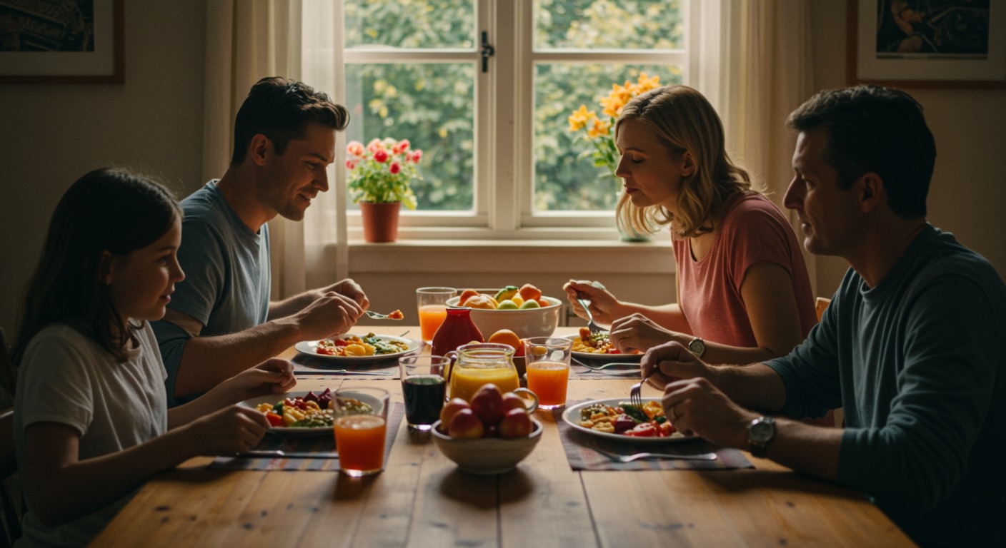 Family sharing a colorful home-cooked meal at a sunlit dining table with warm wood tones and inviting natural light