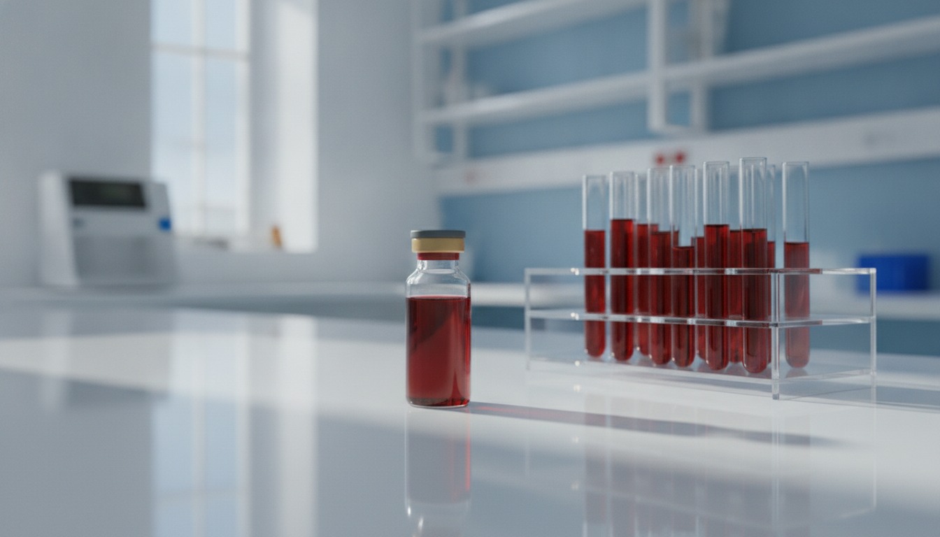 A single vial of blood resting on a clean lab bench beside a rack of test tubes in soft daylight