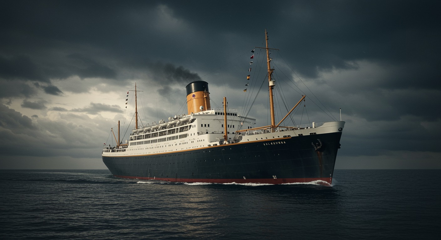 Vintage transatlantic passenger ship on ocean with dramatic sky lighting