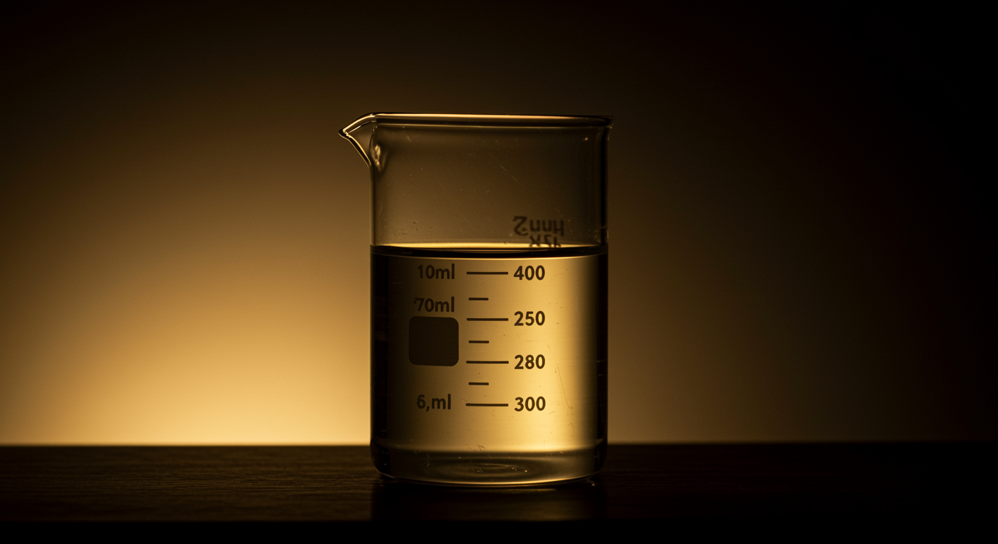 Single vintage glass beaker with clear liquid, warm lighting, no text, simple scientific composition