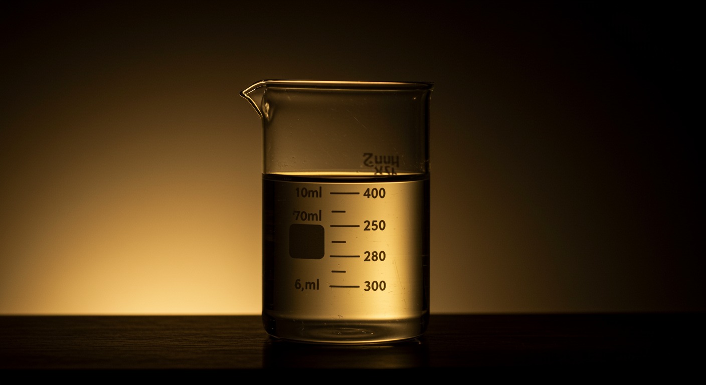 Single vintage glass beaker with clear liquid, warm lighting, no text, simple scientific composition