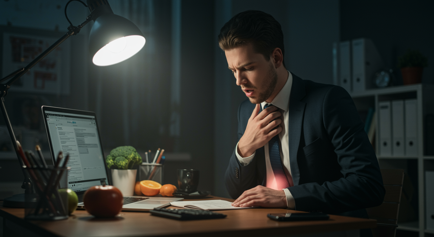 Young professional experiencing heartburn symptoms while working at a modern office desk with healthy lifestyle elements nearby