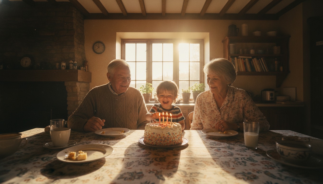 An older man and woman sitting at a kitchen table with a young child and a small frosted birthday cake, warm afternoon light through a window