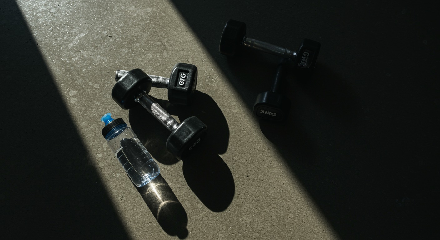 Overhead shot of gym equipment including dumbbells and a water bottle on a concrete floor with harsh directional light