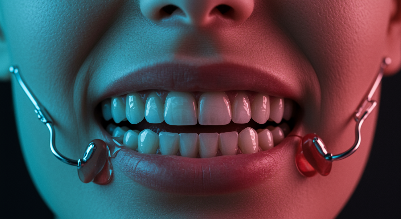 Photorealistic oral appliance for sleep apnea with clinical guideline visualization, showing treatment protocols and patient selection criteria, soft medical lighting, no text