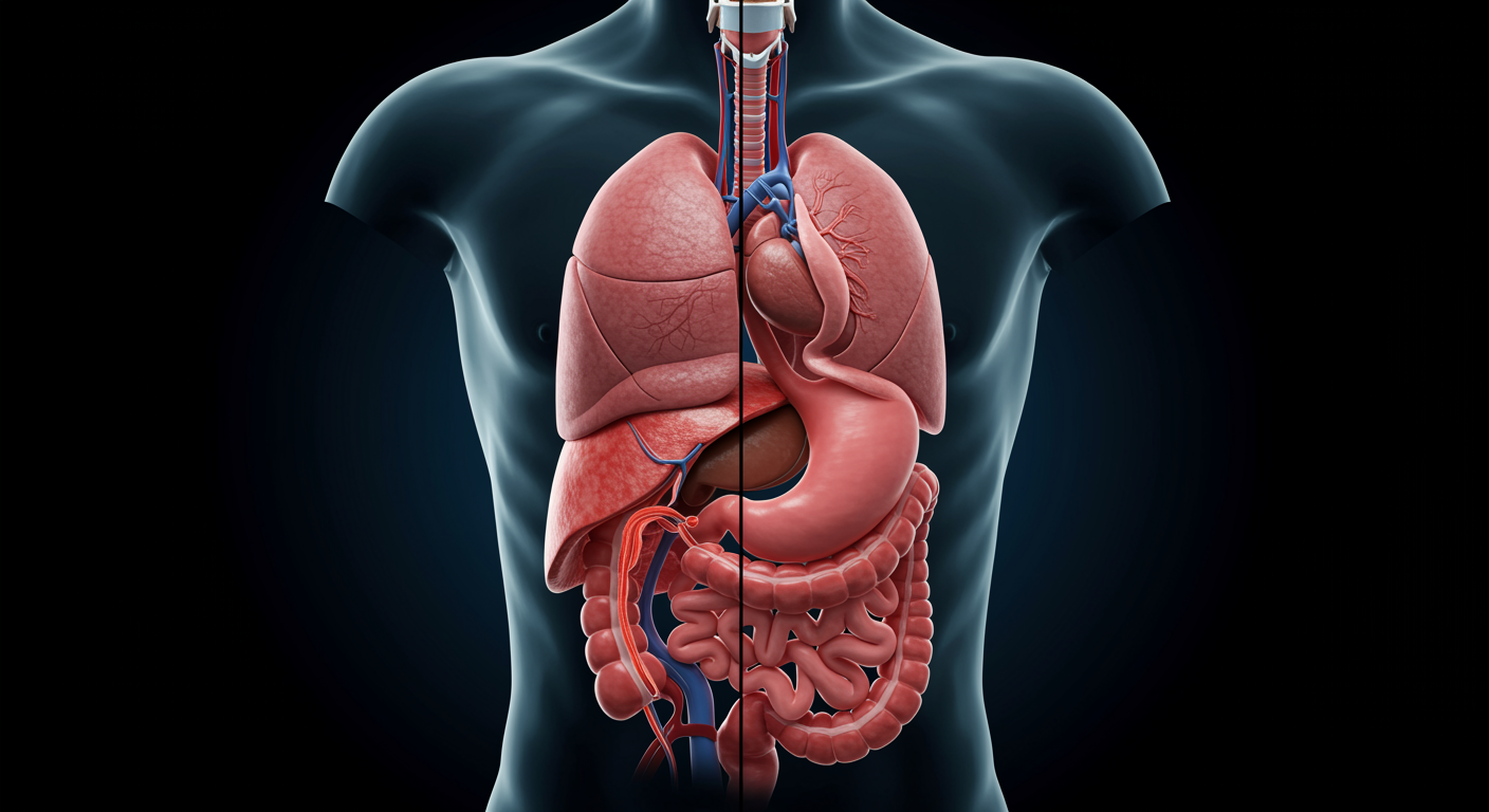 Medical anatomical illustration showing normal esophagus and stomach position versus hiatal hernia displacement through diaphragm