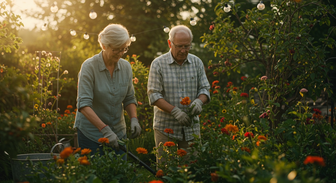Older couple gardening together in a sunlit backyard with warm golden hour light and vibrant flowers