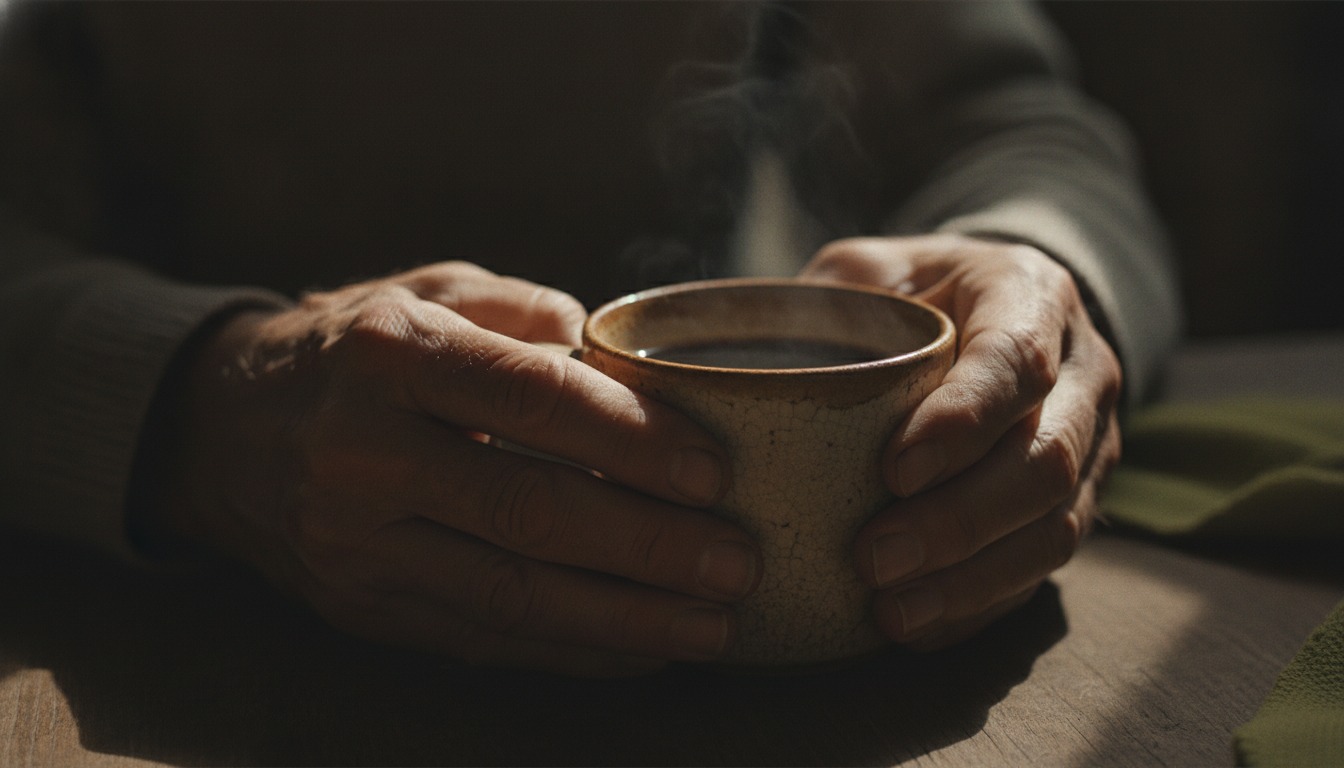 Close-up of weathered hands holding a cup of coffee with dramatic side lighting and rich earth tones