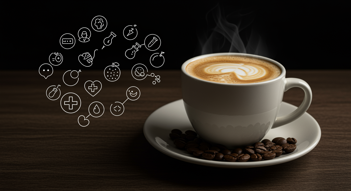Cup of coffee with health-related icons
