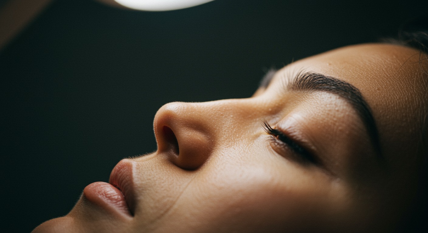 Close-up dermatology shot of clear healthy skin texture with soft ring-light illumination