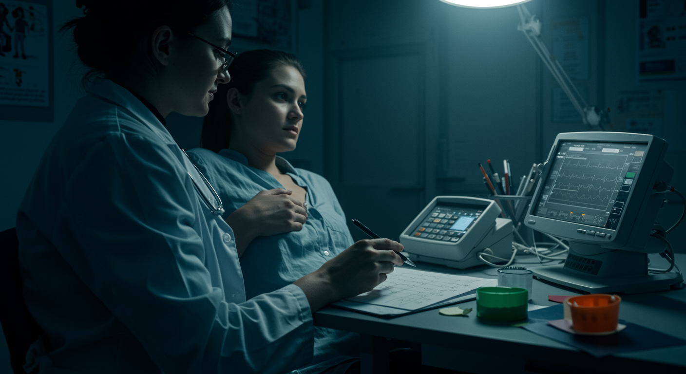 Cardiac patient in therapy session with heart health monitoring equipment and behavioral activation materials on medical desk