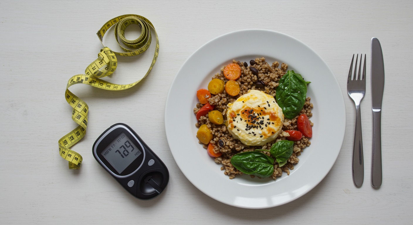 Overhead flat-lay of a balanced plate of food with measuring tape and a glucometer on a white table