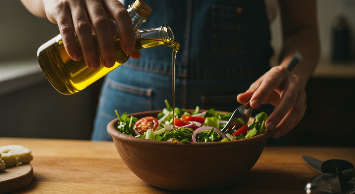 Close-up of a hand drizzling olive oil over a rustic salad bowl on a warm wooden surface with soft window light