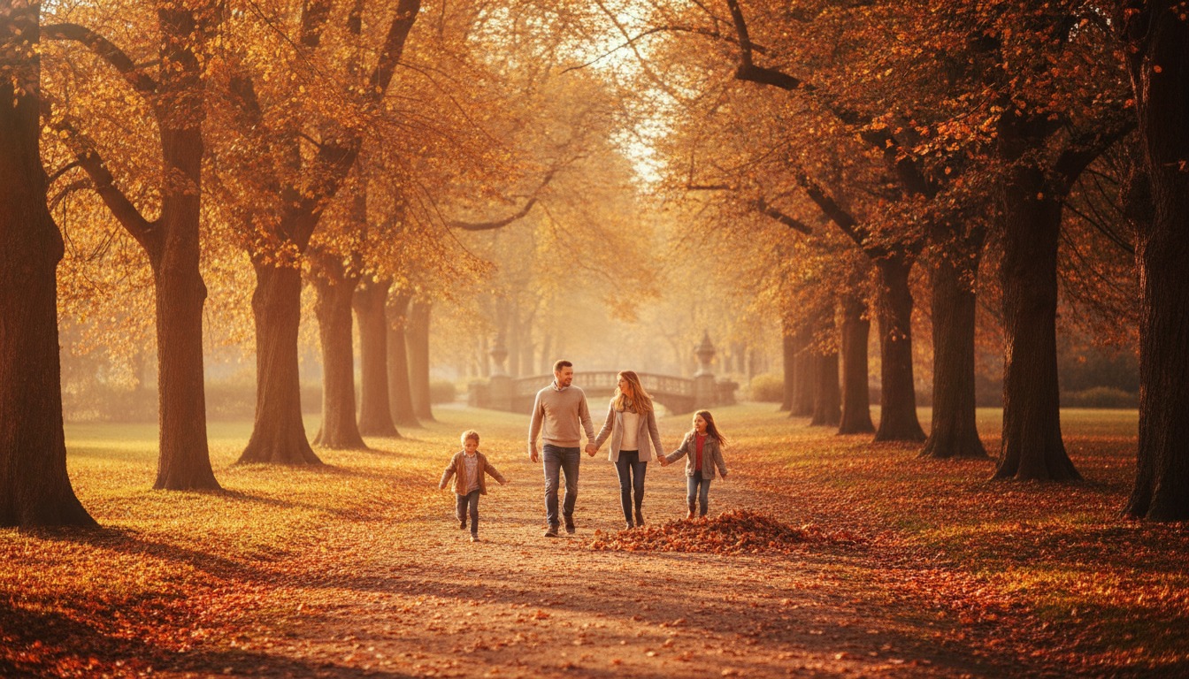 Family walking together along a sunlit tree-lined path in a park with warm golden tones and autumn leaves