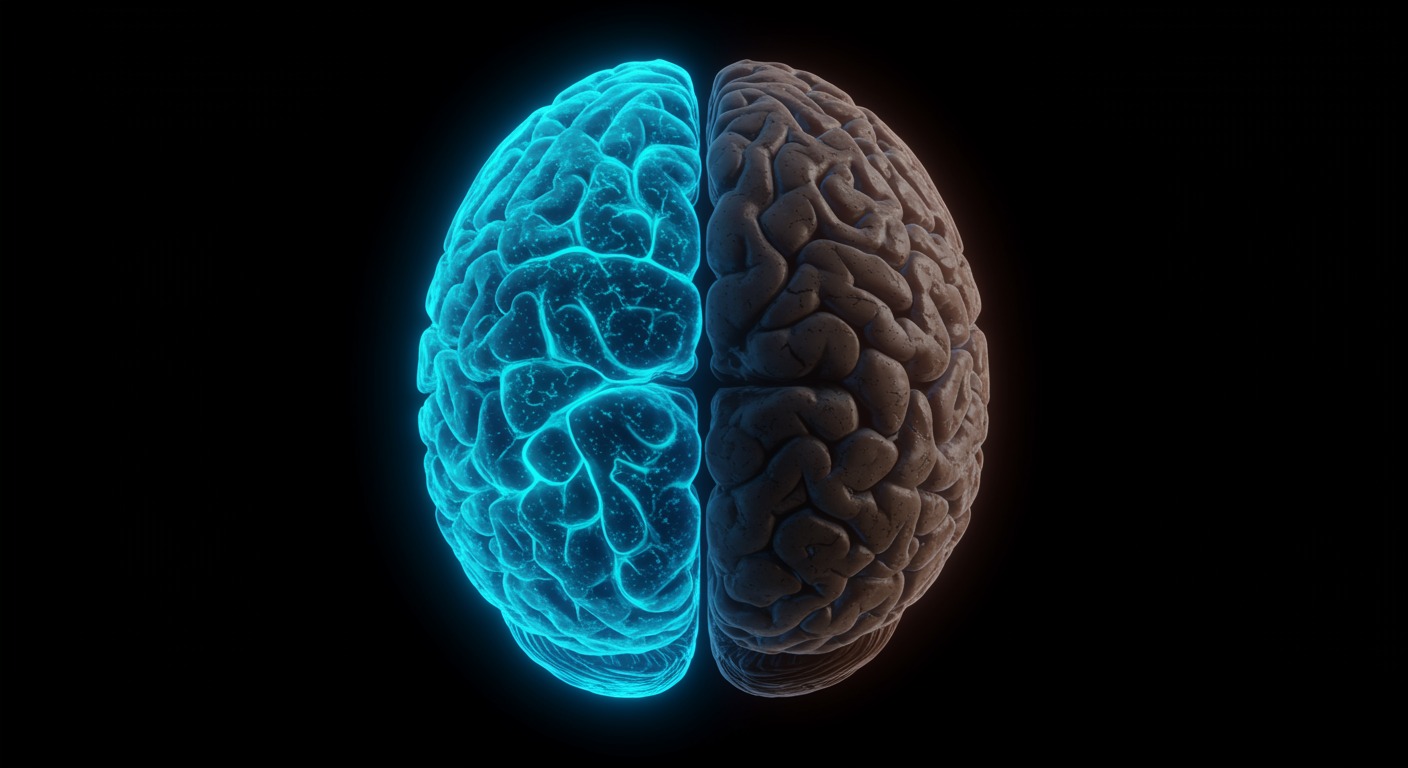 Overhead view of a human brain with one hemisphere glowing with vibrant blue and teal neural pathways representing youth and renewal, and the other hemisphere appearing darker and muted with visible signs of stroke damage