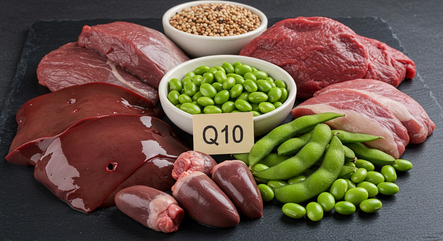 Illustration of a human heart surrounded by CoQ10 molecular structure