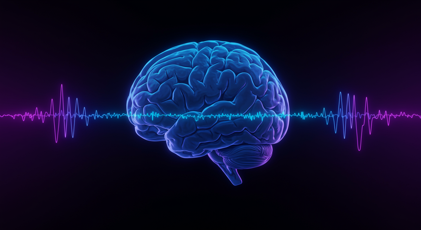 Photorealistic visualization of synchronized brain wave patterns with flowing cerebrospinal fluid, showing rhythmic oscillations during sleep, soft blue and purple lighting, no text