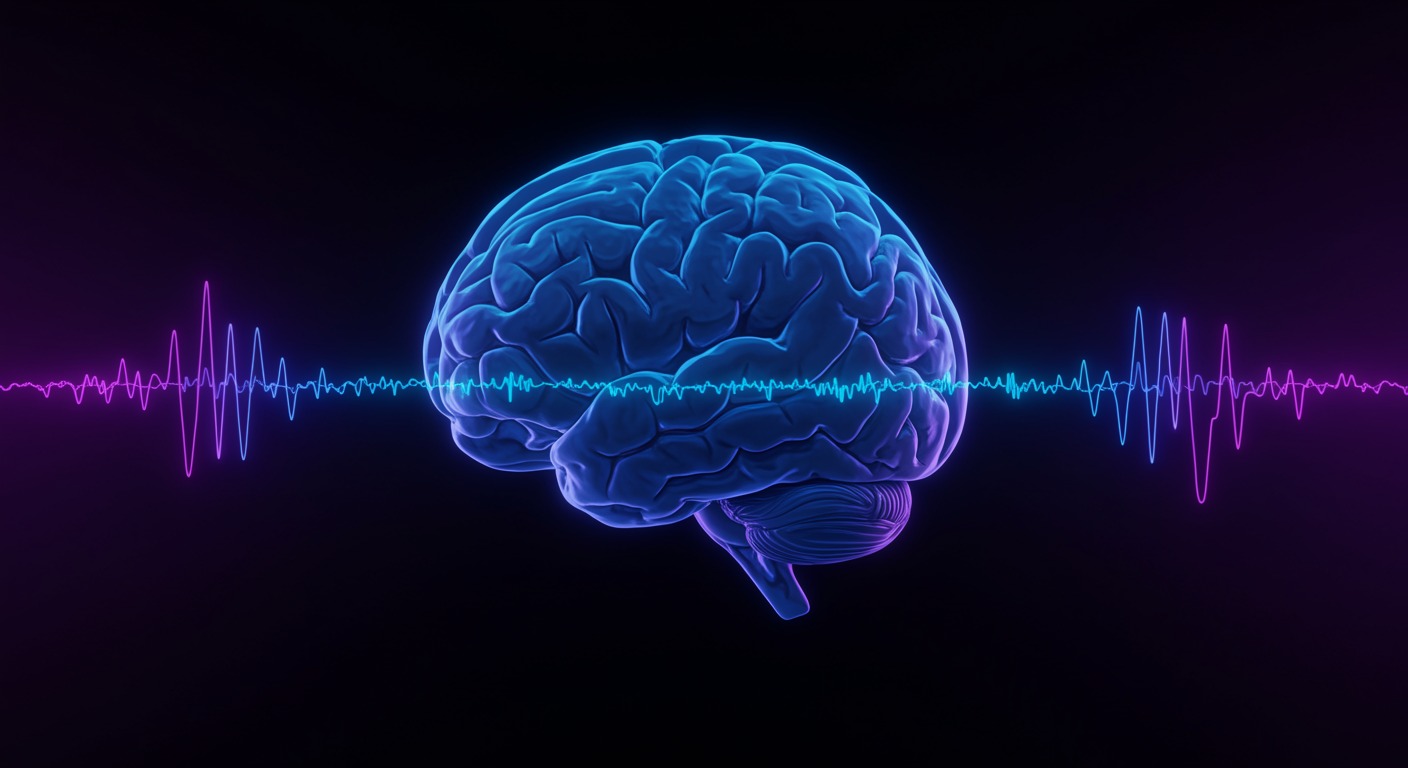 Photorealistic visualization of synchronized brain wave patterns with flowing cerebrospinal fluid, showing rhythmic oscillations during sleep, soft blue and purple lighting, no text