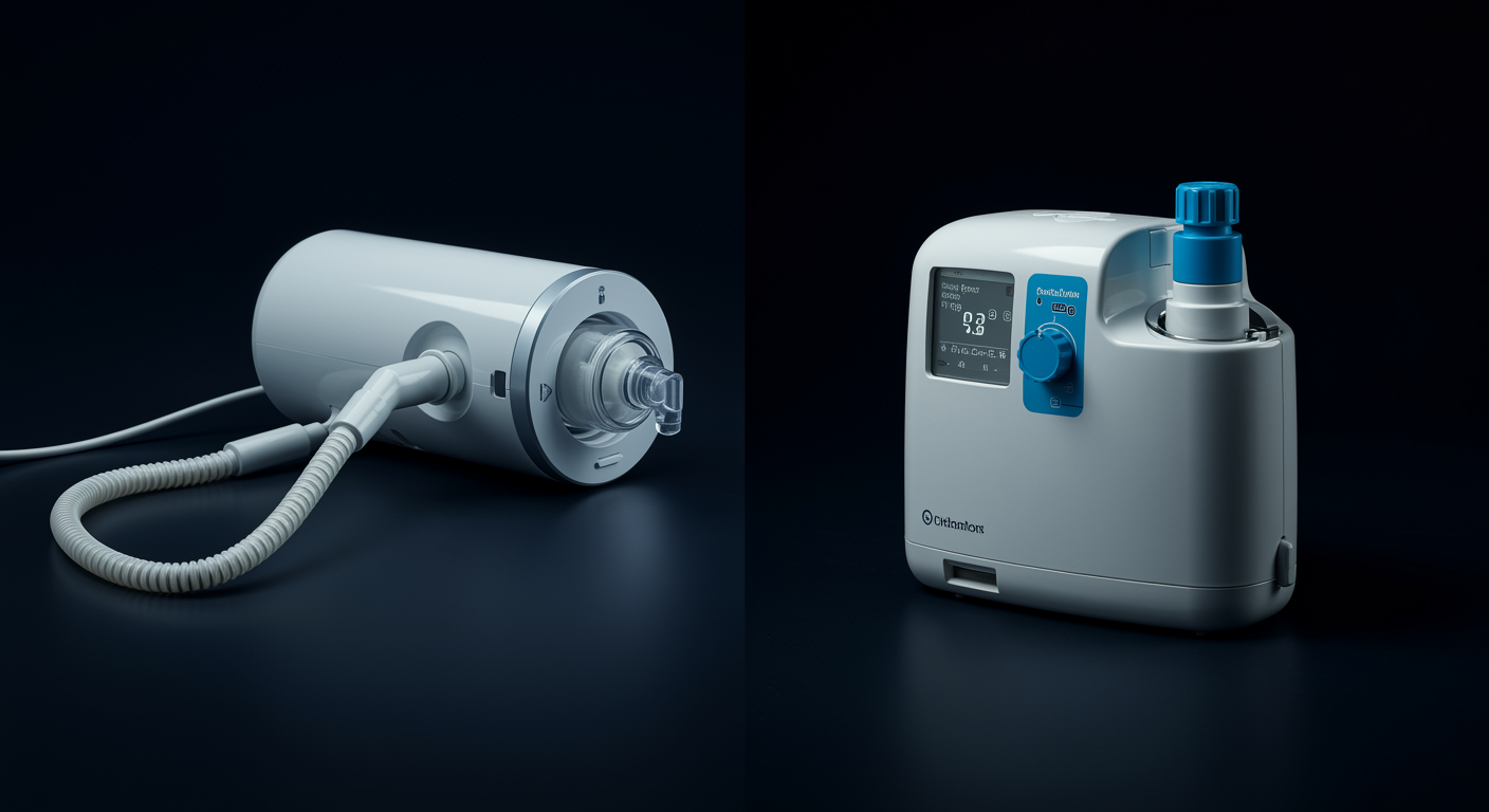 Photorealistic comparison of CPAP machine and oxygen concentrator for sleep apnea treatment, showing cardiovascular outcome differences, soft medical lighting, no text