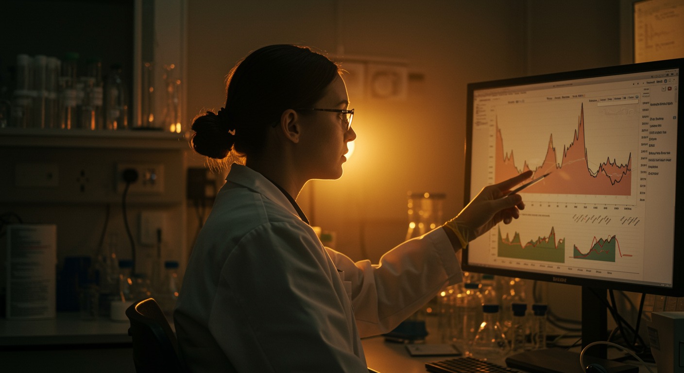 Medical professional reviewing clinical trial data charts on a large screen showing glucose level trends, warm professional lab setting