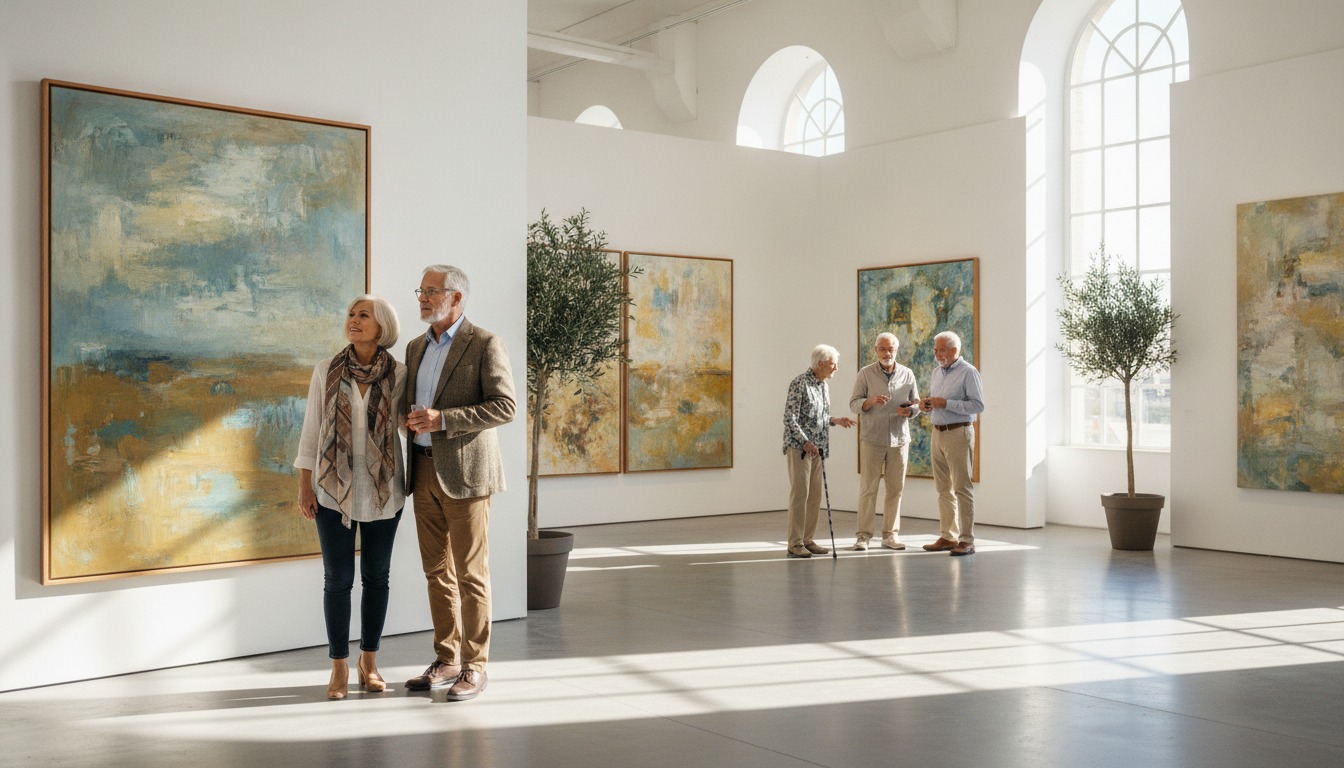 Older adults looking at paintings in a bright art gallery on a weekend afternoon