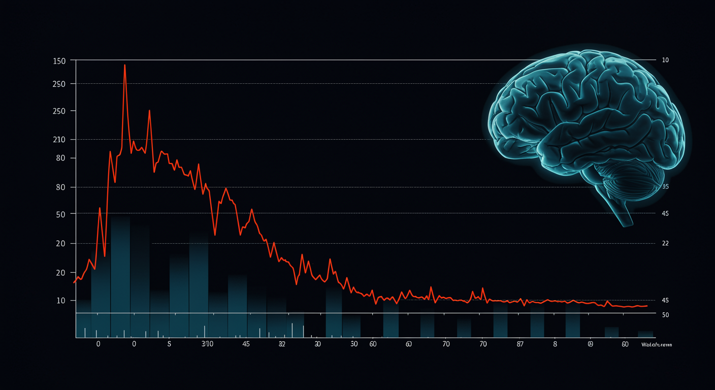 Photorealistic graph visualization showing declining cognitive performance with increasing hours of wakefulness, with brain activity patterns, soft scientific lighting, no text
