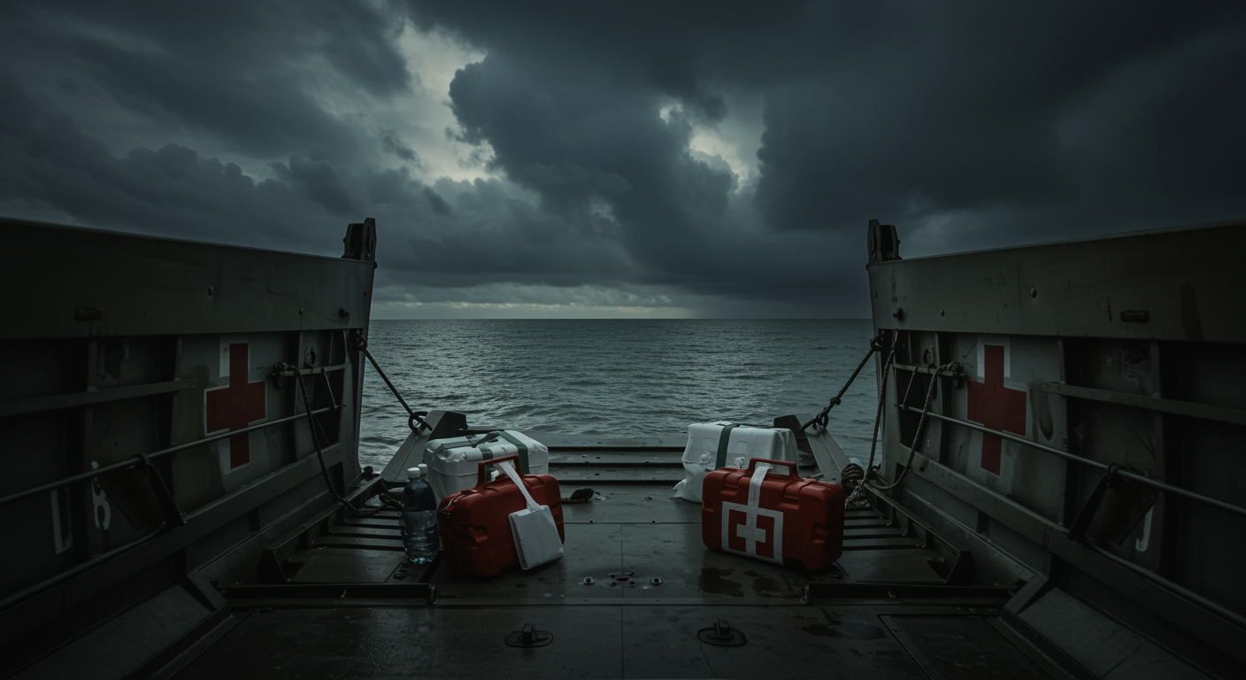 Normandy beach landing craft with medical supplies under dramatic wartime sky