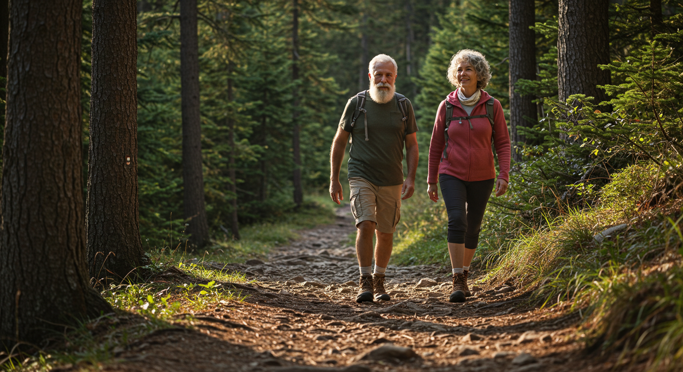 An older couple walking on a nature trail, representing the health benefits of daily walking.