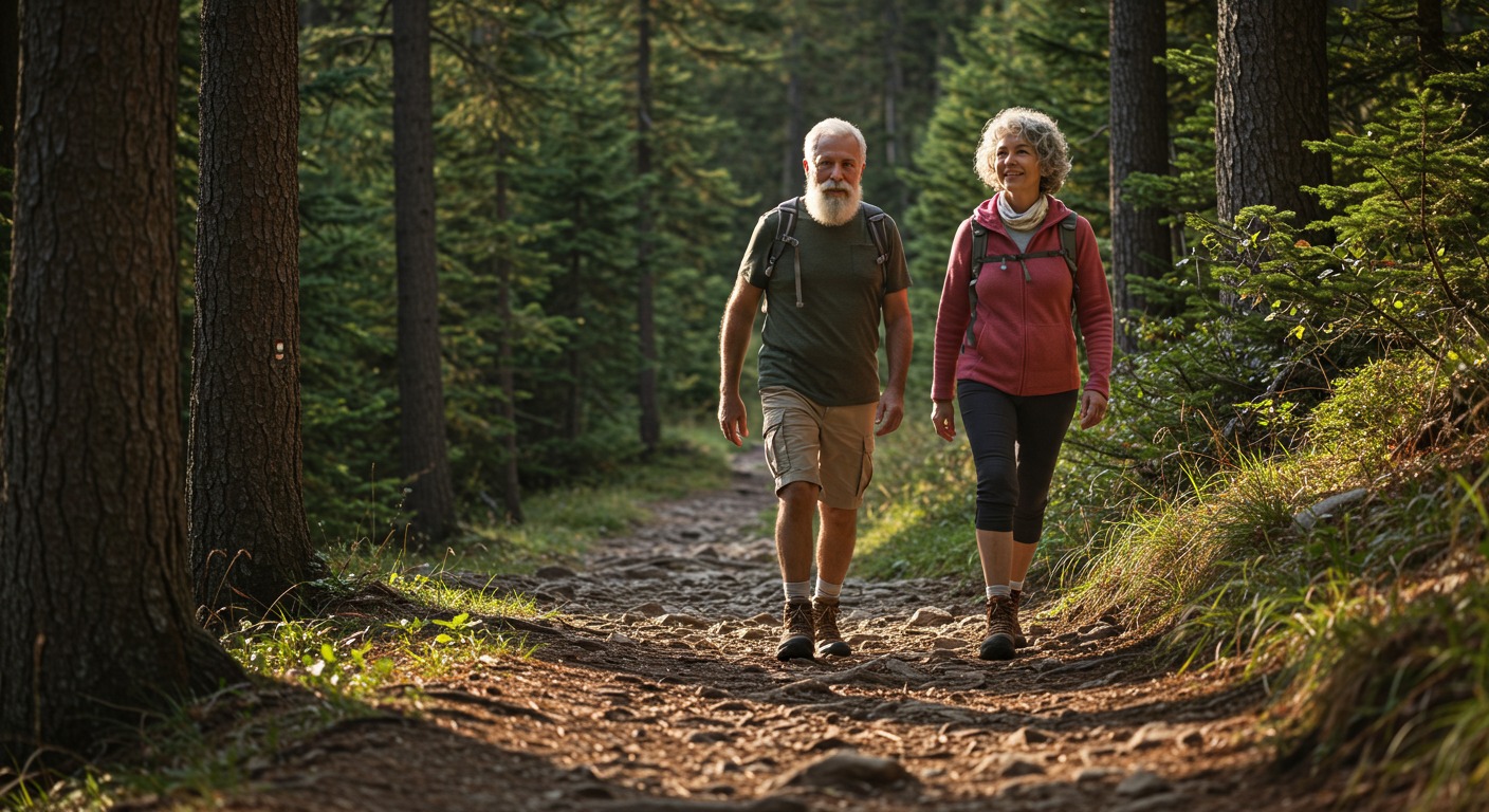 An older couple walking on a nature trail, representing the health benefits of daily walking.