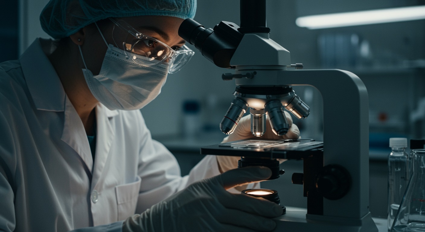 Close-up of a medical researcher examining slides under a microscope in a clean modern lab with fluorescent lighting