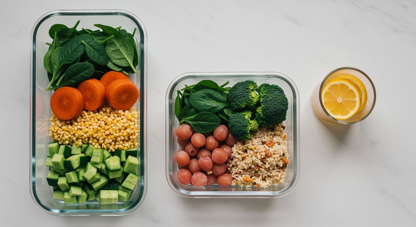 Overhead shot of a healthy balanced meal prep in glass containers on a clean white kitchen counter