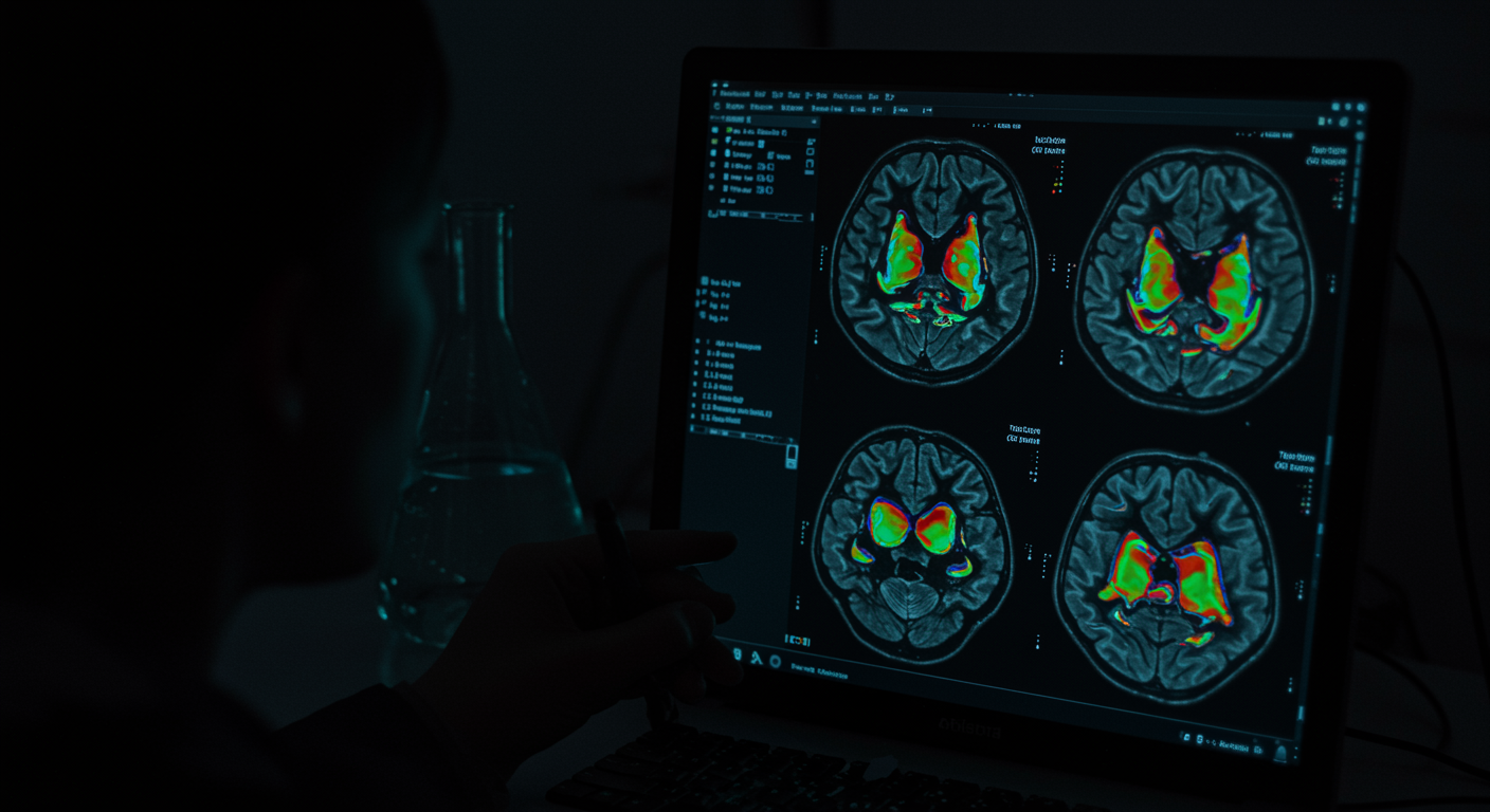 Brain imaging scans showing Default Mode Network connectivity patterns with psychedelic research data on neuroscience workstation