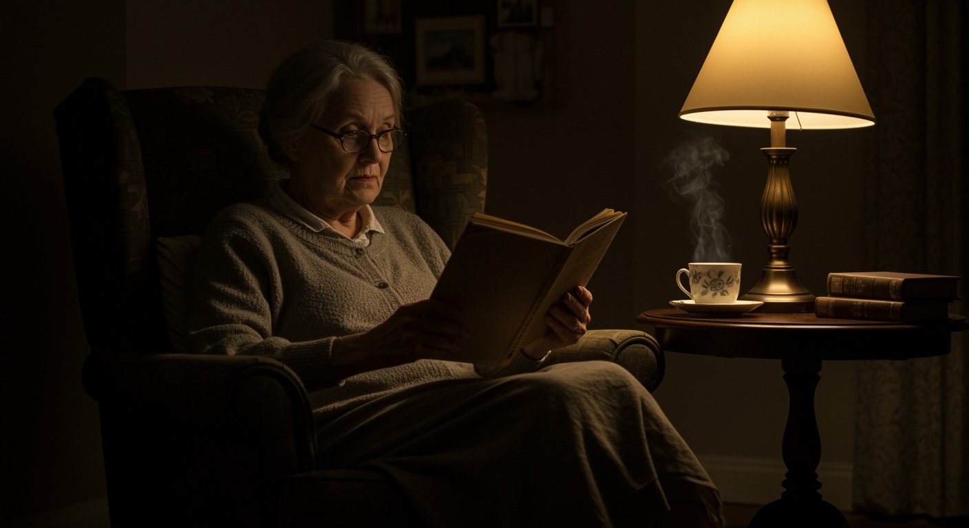 Older woman reading a worn paperback in a comfortable armchair with warm lamplight and a steaming cup of tea beside her
