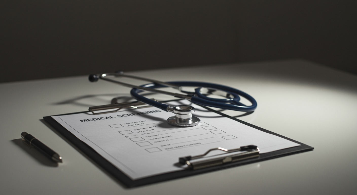 Medical screening checklist on clipboard with stethoscope on white desk with soft lighting