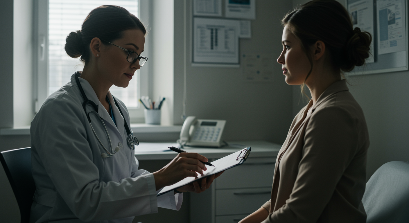 Primary care physician consulting with patient in bright medical office with natural lighting