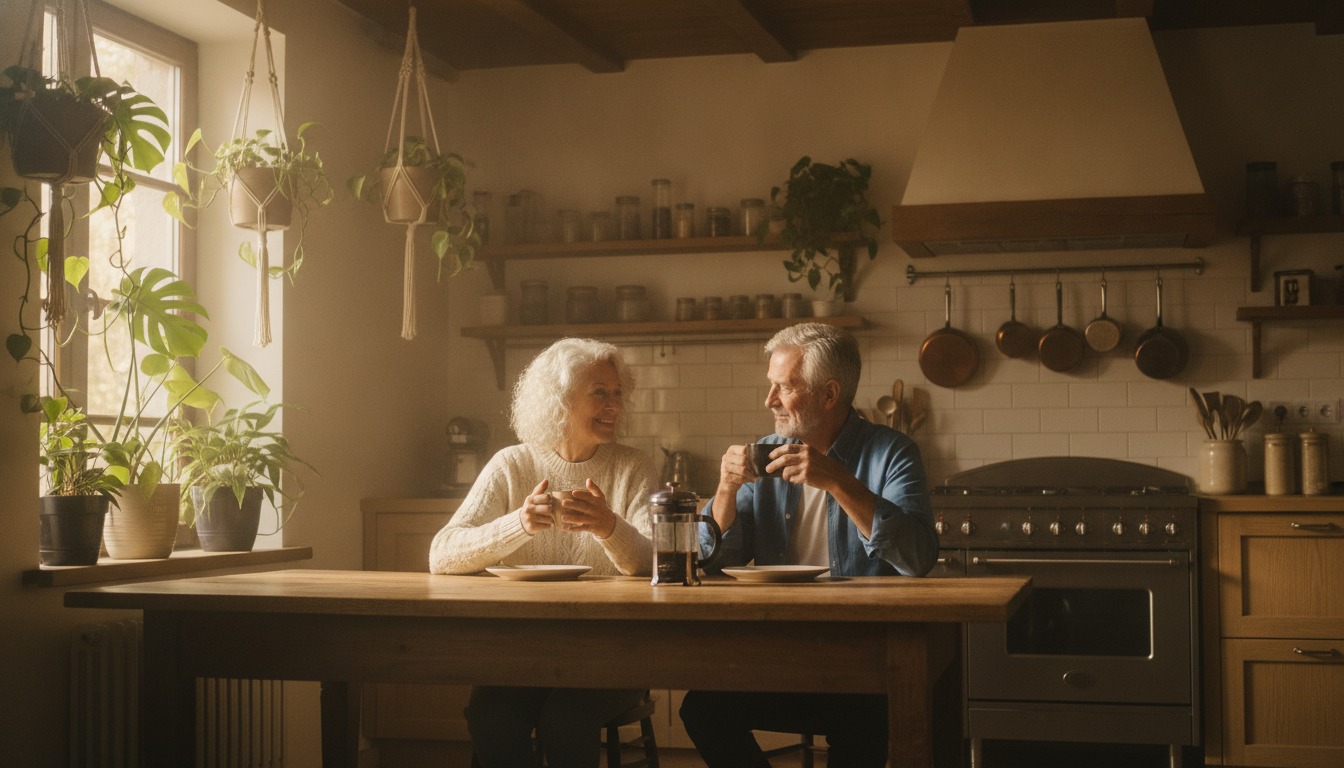 Older couple smiling and chatting over coffee in a sunlit kitchen with warm golden tones and lush green plants