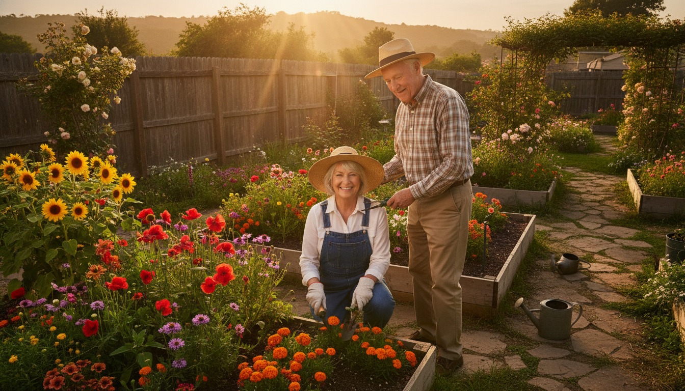 Older couple gardening together in a sunlit backyard with warm golden hour light and vibrant flowers
