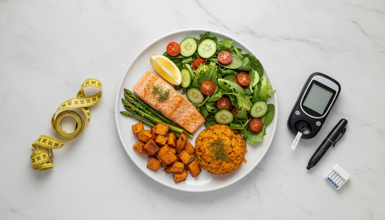 Overhead flat-lay of a balanced plate of food with measuring tape and a glucometer on a white table