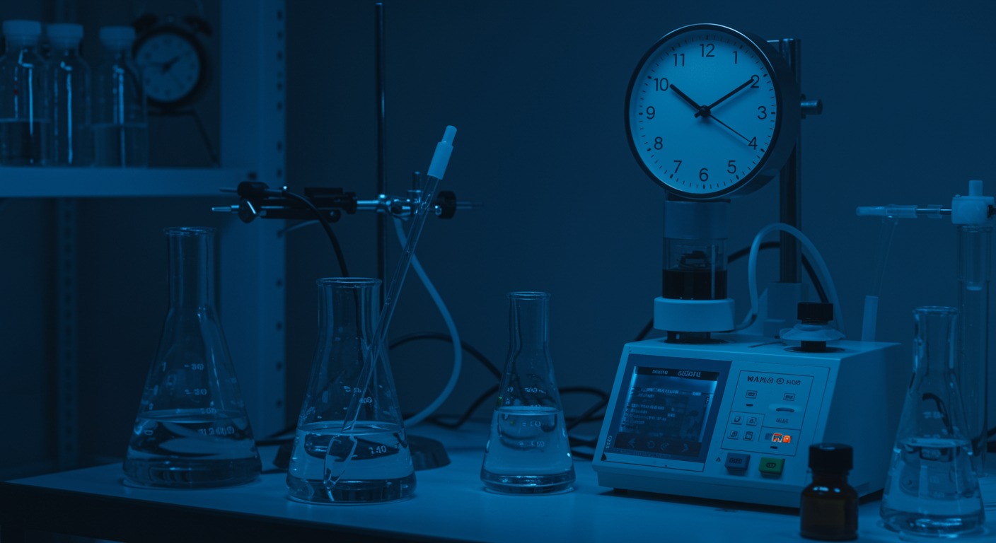 Photorealistic laboratory scene showing melatonin measurement with clock and scientific equipment, soft analytical lighting, no text