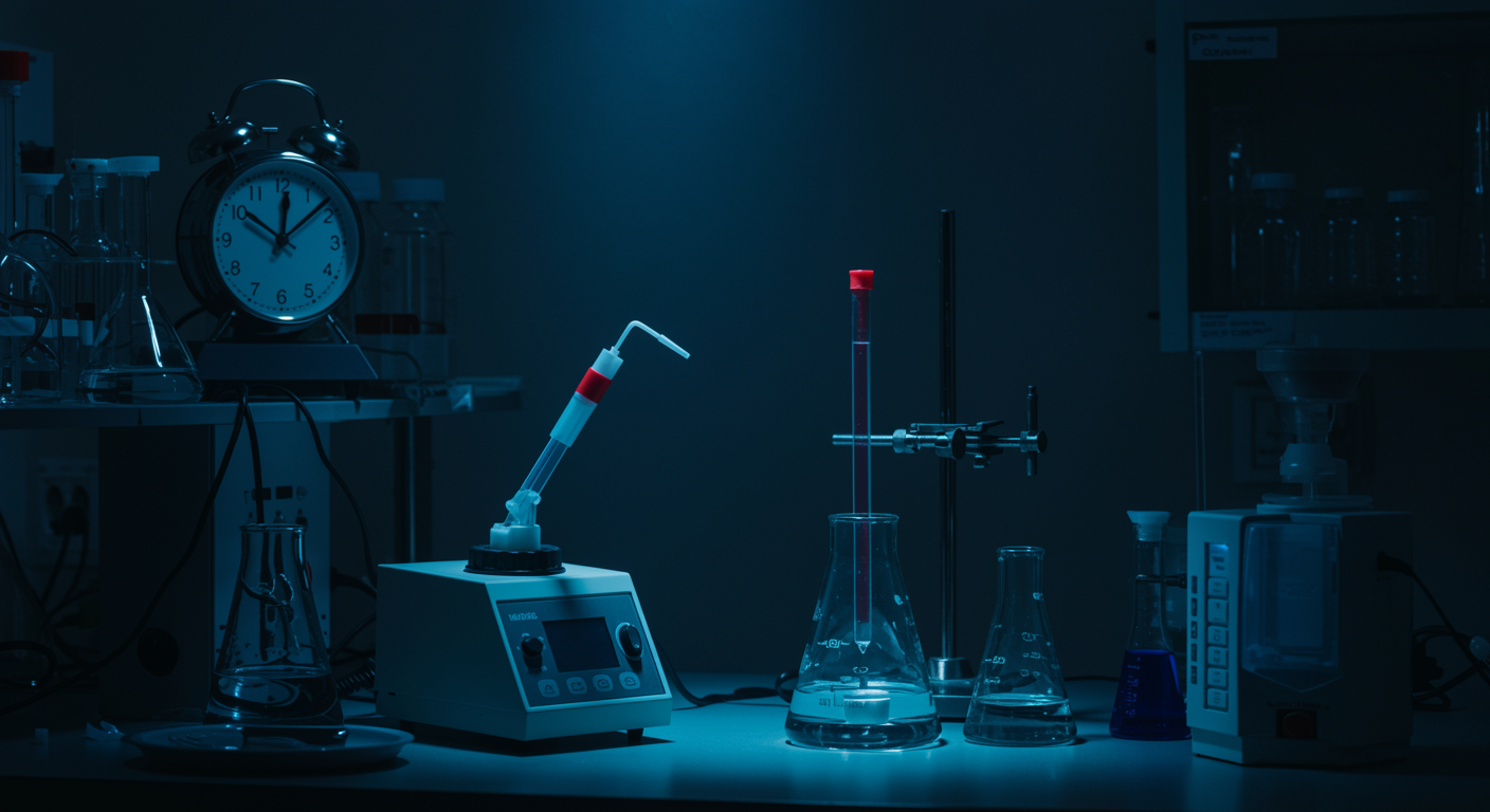 Photorealistic laboratory scene showing melatonin measurement in dim lighting conditions, with clock and scientific equipment, soft analytical lighting, no text