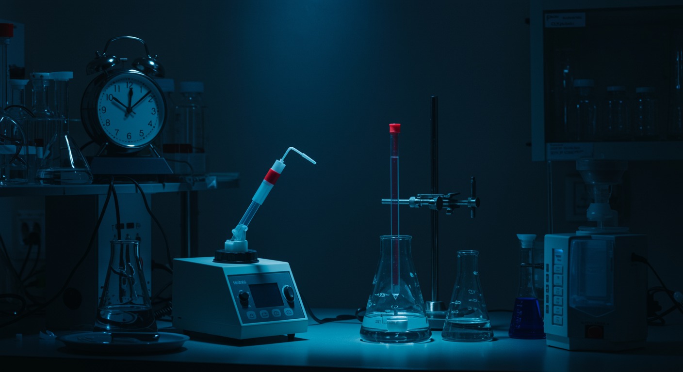 Photorealistic laboratory scene showing melatonin measurement in dim lighting conditions, with clock and scientific equipment, soft analytical lighting, no text