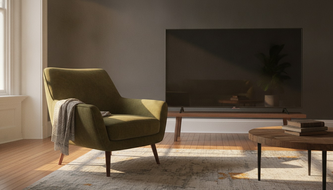 An empty armchair facing a dark television screen in a quiet living room lit by late afternoon sunlight