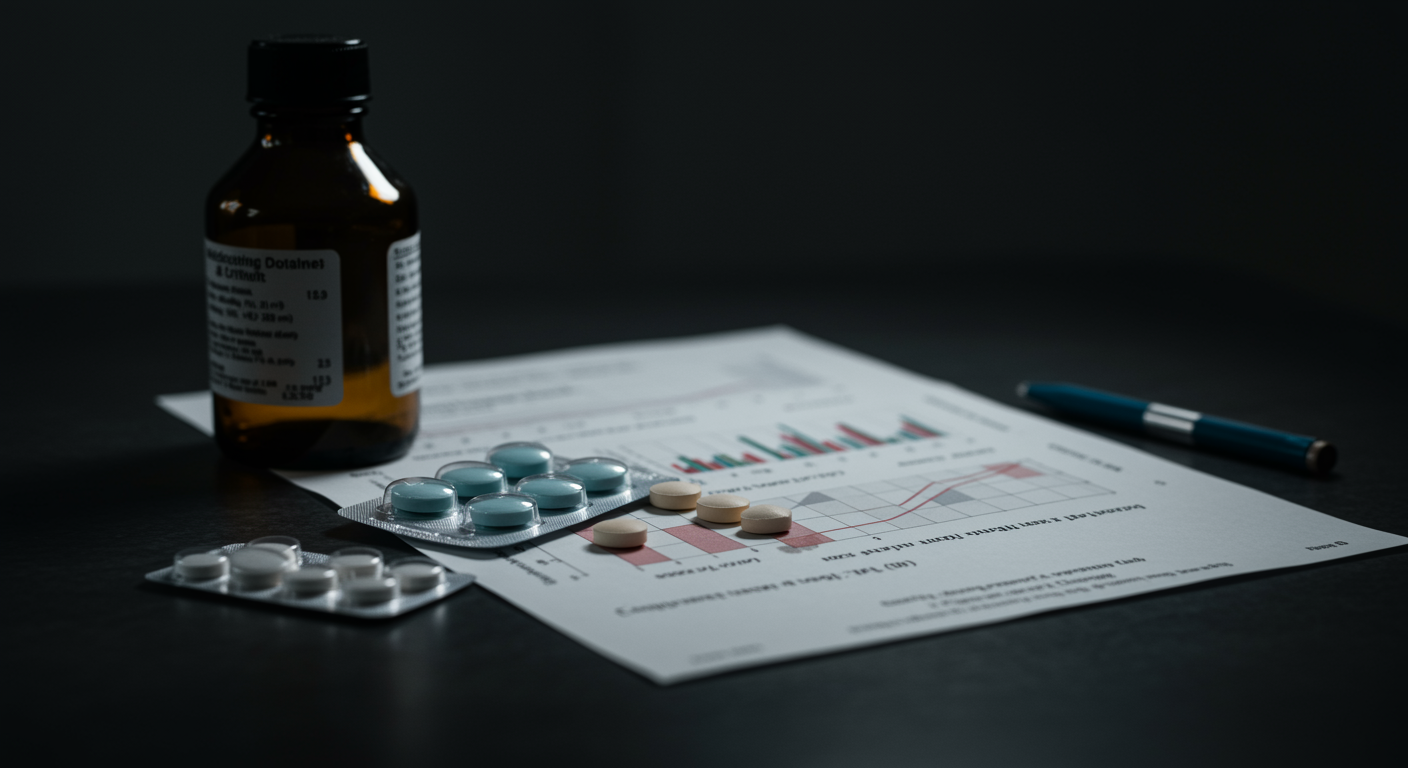 Medication dosing chart and vortioxetine tablets with clinical efficacy graphs on medical desk with professional lighting