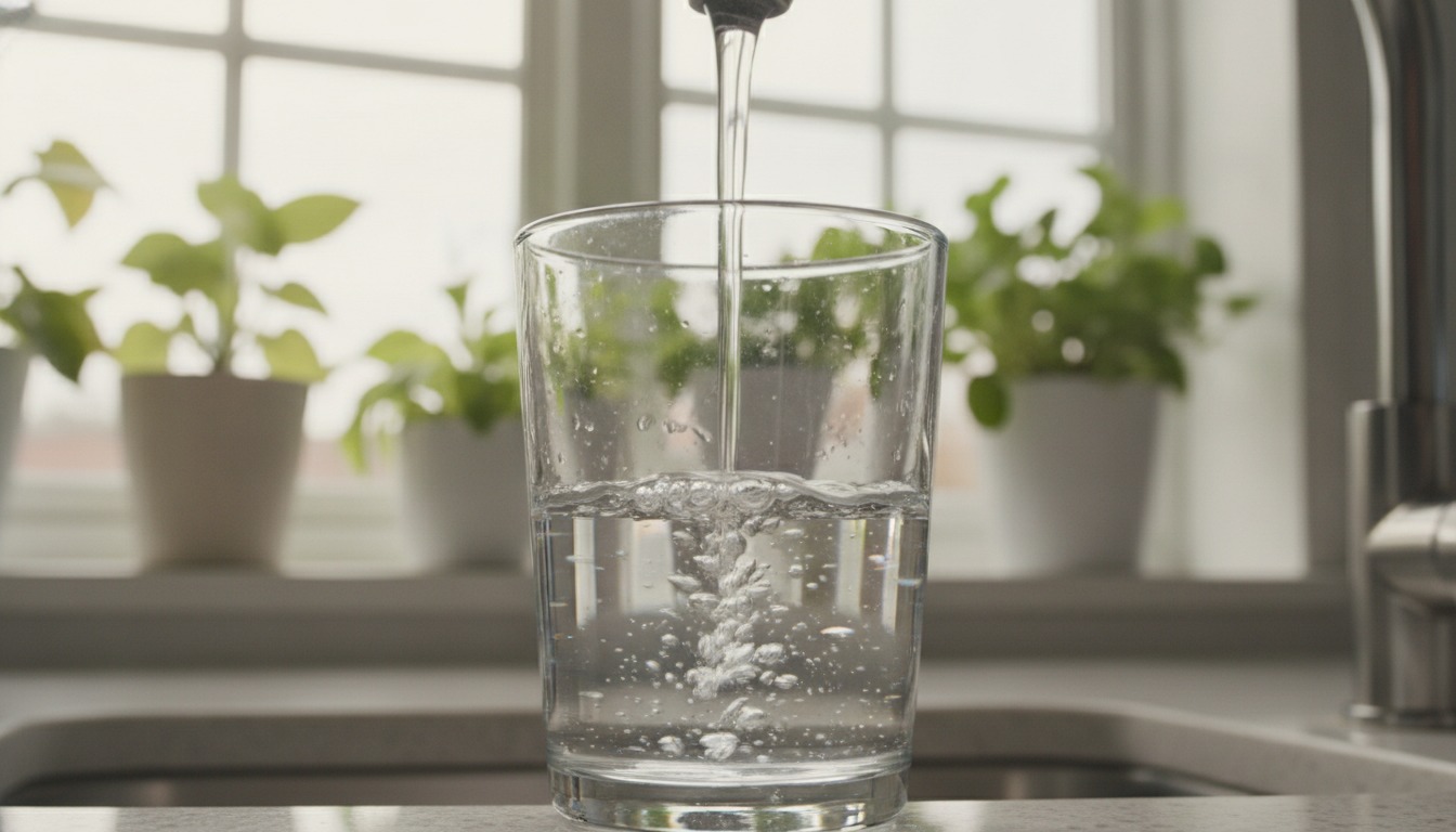 Clear glass being filled with water from a kitchen tap in bright soft natural light with a window and green plants behind it