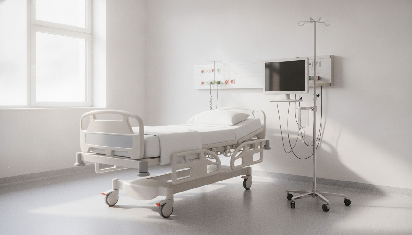 Empty hospital intensive care room with a bed, bedside monitor and IV pole in soft daylight