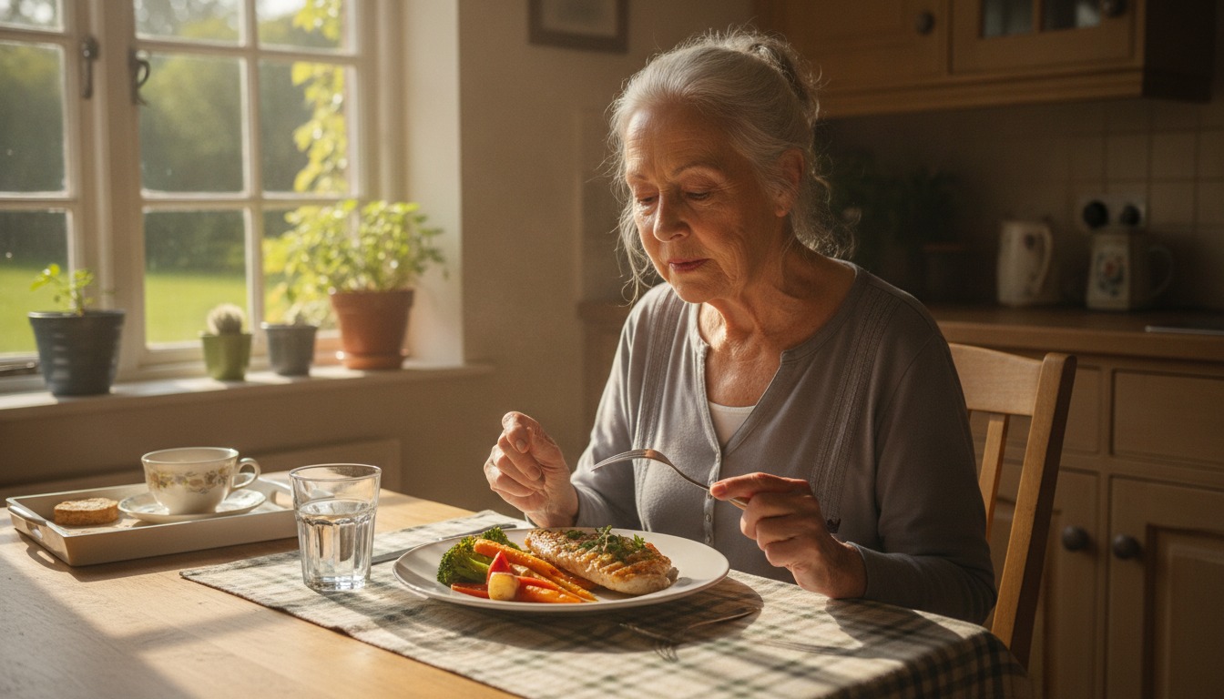 An older woman sitting at a sunlit kitchen table with a plate of vegetables and grilled fish, warm daylight coming through a nearby window