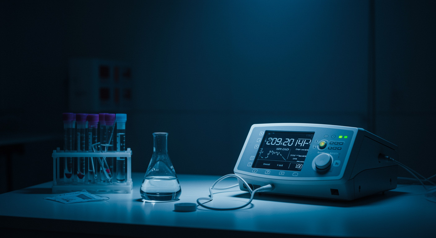 Photorealistic medical laboratory scene with cerebrospinal fluid sample and sleep monitoring equipment, clinical lighting, no text